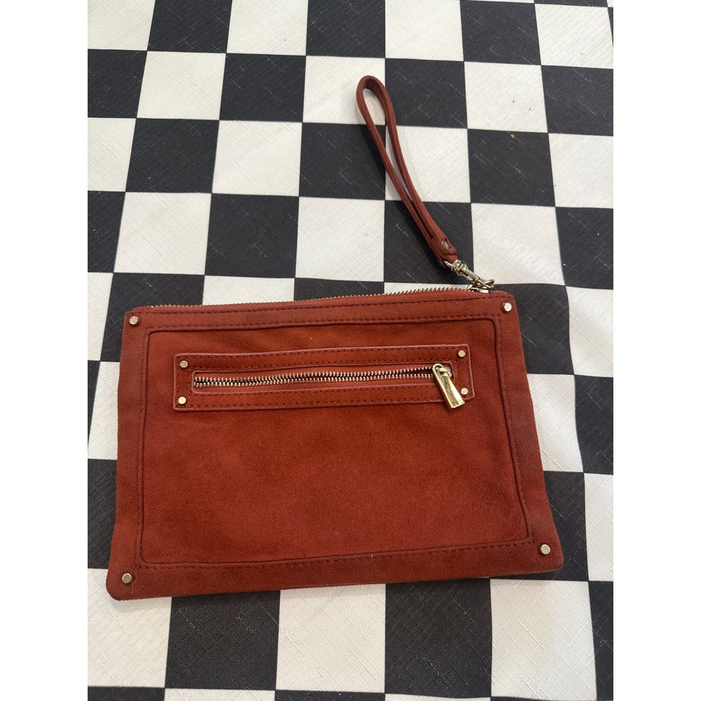 Express Rust Orange Suede Wristlet Clutch Bag Gold Hardware Zipper Pouch